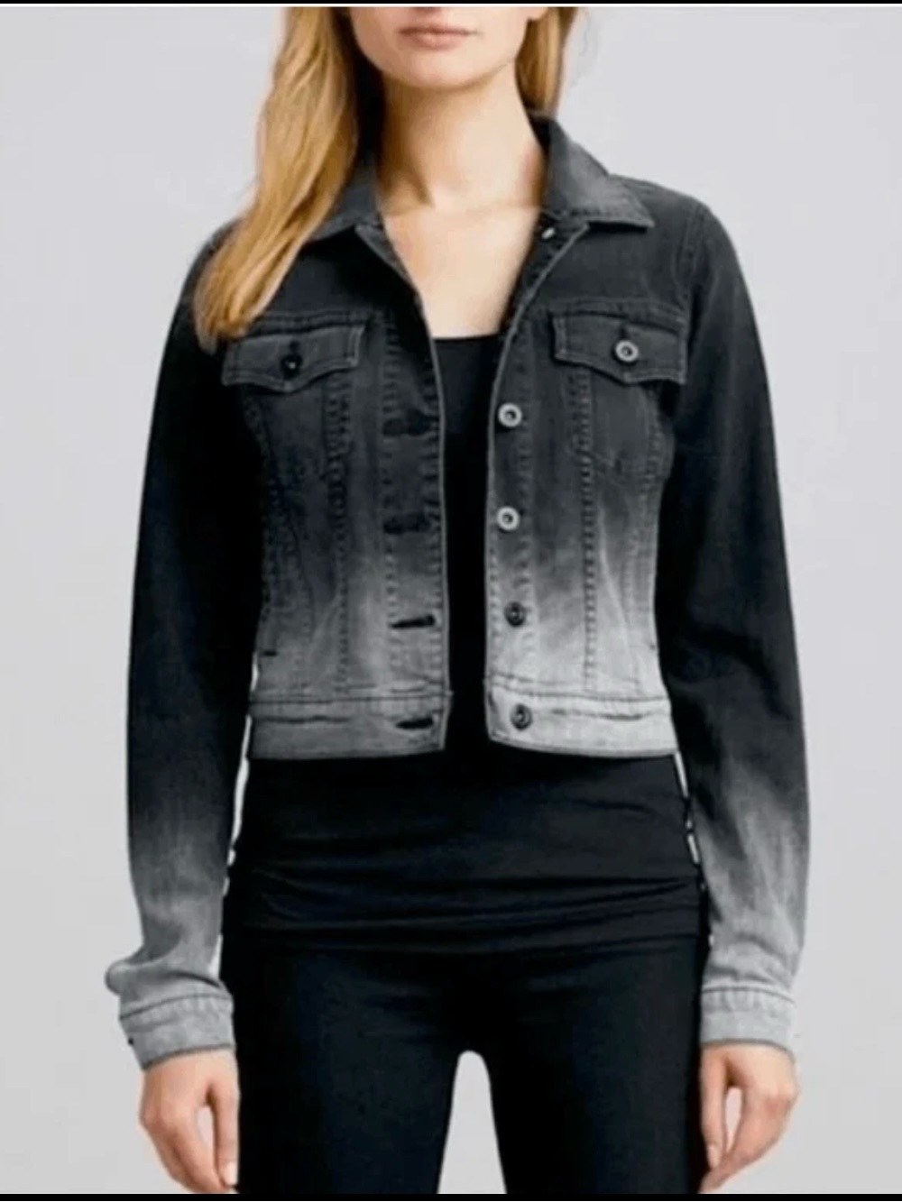Vince Black Ombre Denim Cropped Trucker Stretch Jean Jacket | Size M